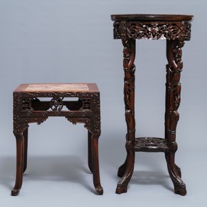 Two Chinese carved wooden stands with marble tops, 19/20th C. — photo 2