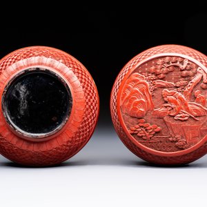 Two Chinese cinnabar lacquer covered boxes and a bottle vase, 19th C. — photo 14