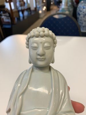 Two Chinese Dehua blanc de Chine Buddha and Wenchang figures, a seal paste covered box, a vase and an iron-red-glazed boy, Qianlong mark, 19/20th C. — 照片 16