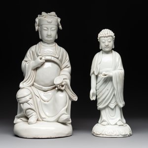 Two Chinese Dehua blanc de Chine Buddha and Wenchang figures, a seal paste covered box, a vase and an iron-red-glazed boy, Qianlong mark, 19/20th C. — 照片 2