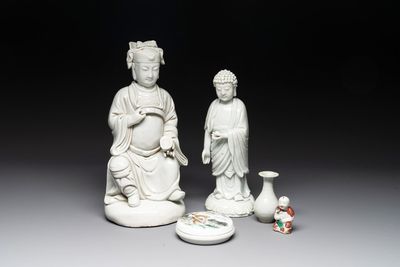 Two Chinese Dehua blanc de Chine Buddha and Wenchang figures, a seal paste covered box, a vase and an iron-red-glazed boy, Qianlong mark, 19/20th C.