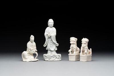 Two Chinese Dehua blanc de Chine figures of Guanyin and Shoulao and a pair of Buddhist lions, He Chaozong 何朝宗 mark, 18/19th C.