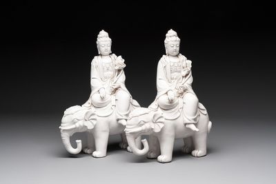 Two Chinese Dehua blanc de Chine sculptures of the Guanyin seated on an elephant, He Chaozong 何朝宗 and Dehua 德化 marks, 20th C.