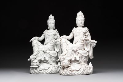 Two Chinese Dehua blanc de Chine sculptures of the seated Guanyin, He ChaozoTwo Chinese Dehua blanc de Chine sculptures of the seated Guanyin, 20th C.
