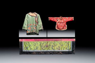 Two Chinese embroidered silk women’s robes and an embroidered silk panel, 19th C.