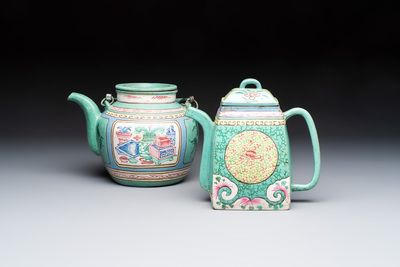Two Chinese enamelled Yixing stoneware teapots, 19th C.