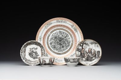 Two Chinese export grisaille cups and saucers and a plate, Qianlong