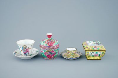 Two Chinese famille rose and Canton enamel cups and saucers and covered boxes, 19/20th C.