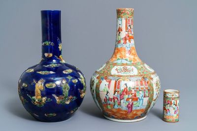 Two Chinese famille rose and fahua-style bottle vases and a brush pot, 19/20th C.