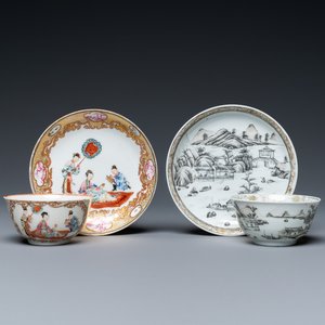 Two Chinese famille rose and grisaille cups and saucers, Yongzheng/Qianlong — 照片 1