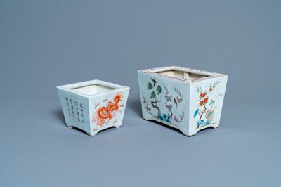 Two Chinese famille rose and iron-red jardinières with Buddhist lions and birds among blossoms, 19th C.