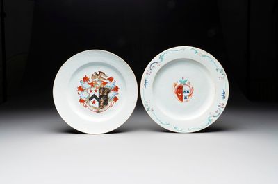 Two Chinese famille rose armorial dishes with the arms of Willes impaling Broster and the arms of Dobree impaling De Havilland, Yongzheng/Qianlong