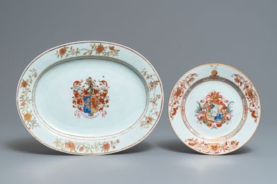 Two Chinese famille rose armorial English market dishes, Yongzheng/Qianlong