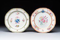 Two Chinese famille rose armorial saucers, Qianlong