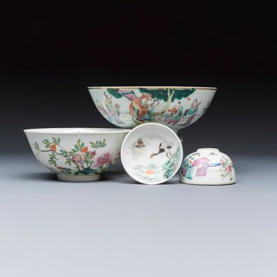 Two Chinese famille rose bowls, a water pot and a saucer, Qianlong, Daoguang and Hongxian marks, 19/20th C.