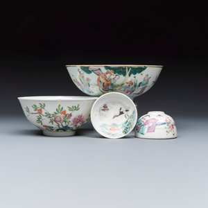 Two Chinese famille rose bowls, a water pot and a saucer — photo 1