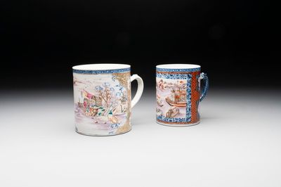 Two Chinese famille rose Canton export boat scene mugs, Qianlong