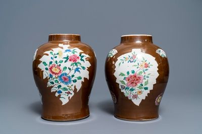 Two Chinese famille rose capucin ground baluster vases, Qianlong