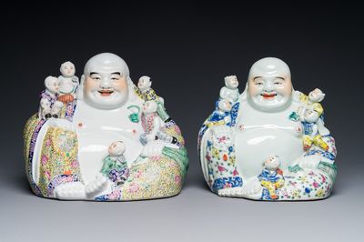 Two Chinese famille rose figures of Buddha, Zhu Mao Ji Zao 朱茂記造 and Zhu Yitai 朱義泰 mark, Republic
