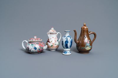 Two Chinese famille rose jugs, a teapot and a blue and white vase, Kangxi and later