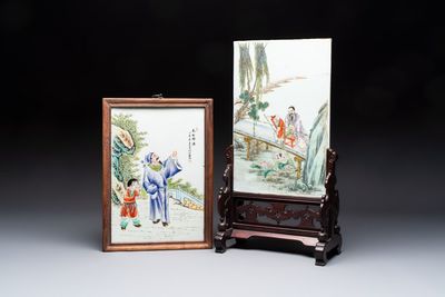 Two Chinese famille rose 'Li Bai 李白' and 'Zhou Dunyi 周敦頤' plaques, one after Wang Dafan 王大凡 and dated 1927, 20th C.