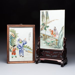 Two Chinese famille rose 'Li Bai 李白' and 'Zhou Dunyi 周敦頤' plaques, one after Wang Dafan 王大凡 and dated 1927, 20th C. — photo 1