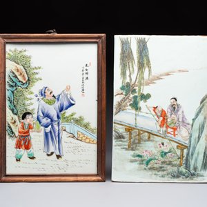 Two Chinese famille rose 'Li Bai 李白' and 'Zhou Dunyi 周敦頤' plaques, one after Wang Dafan 王大凡 and dated 1927, 20th C. — photo 2
