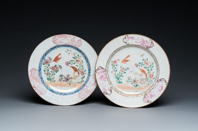 Two Chinese famille rose 'magpie and peony' plates with bianco-sopra-bianco rims, Yongzheng