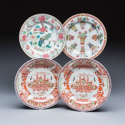 Two Chinese famille rose plates and a pair of Dutch-decorated plates, Yongzheng/Qianlong