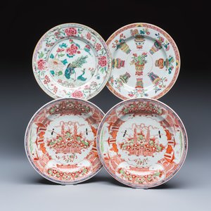 Two Chinese famille rose plates and a pair of Dutch-decorated plates — photo 1