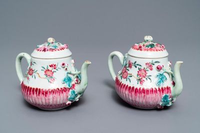 Two Chinese famille rose relief-moulded 'lotus' teapots and covers, Yongzheng