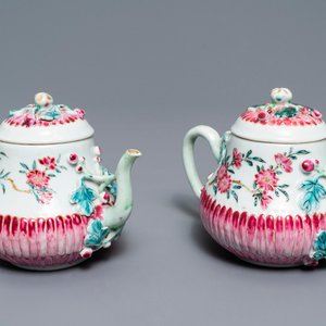 Two Chinese famille rose relief-moulded 'lotus' teapots and covers, Yongzheng — photo 1