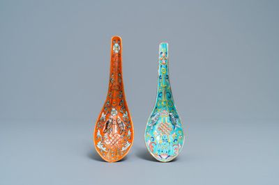 Two Chinese famille rose relief-moulded spoons, Tongzhi mark and of the period