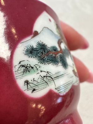 Two Chinese famille rose ruby-ground 'Landscape Scroll' cups and saucers, Yongzheng — 照片 6