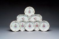 Two Chinese famille rose serving dishes and six plates with floral design, Qianlong