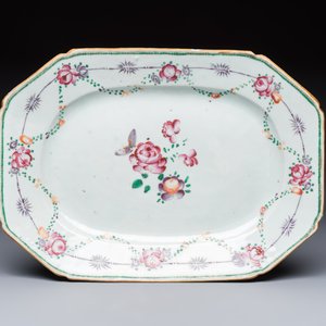 Two Chinese famille rose serving dishes and six plates with floral design, Qianlong — photo 14