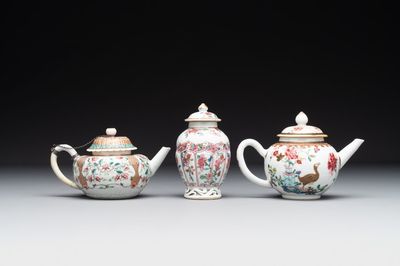 Two Chinese famille rose teapots and a tea caddy, Yongzheng/Qianlong