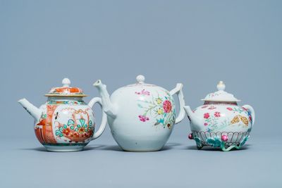 Two Chinese famille rose teapots and one Dutch-decorated teapot, Kangxi/Qianlong