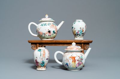 Two Chinese famille rose teapots and two tea caddies, Qianlong