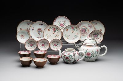 Two Chinese famille rose teapots, ten cups and nine saucers, Qianlong