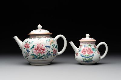 Two Chinese famille rose teapots with floral design, Yongzheng/Qianlong