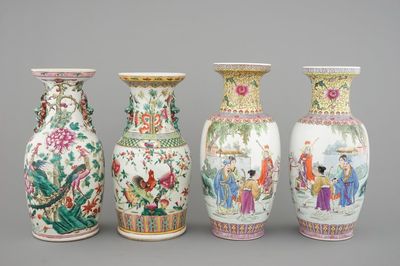 Two Chinese famille rose vases, 19th C. and a pair of 20th C. Mulan vases