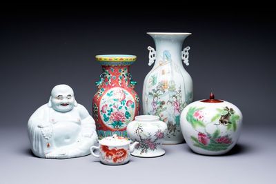 Two Chinese famille rose vases, two jars, a 'Lions' covered teapot and a Buddha, signed Mao Zirong 毛子榮 and Liu Jishun 劉吉順, 19/20th C.