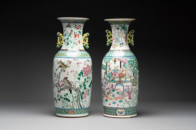 Two Chinese famille rose vases with birds among flowers and narrative design, 19th C.
