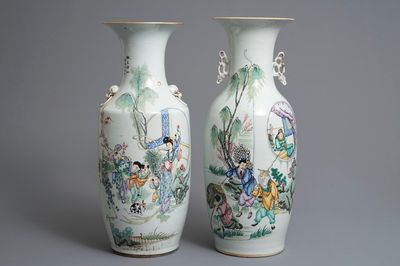 Two Chinese famille rose vases with figures in a garden, 19/20th C.