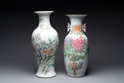 Two Chinese famille rose vases with floral design, signed Zou He Sheng 鄒和勝, Jiangxi Ciye Gongsi 江西瓷業公司 mark, 20th C.