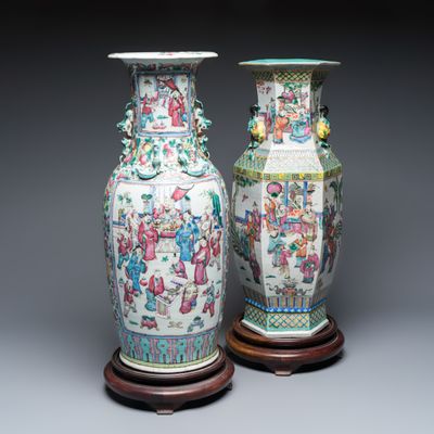 Two Chinese famille rose vases with narrative design on wooden stands, 19th C.