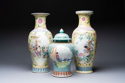 Two Chinese famille rose yellow-ground vases and a turquoise-ground vase, Qianlong and Jing De Zhen 景德鎮 marks, 20th C.