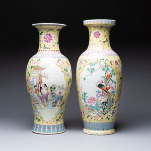 Two Chinese famille rose yellow-ground vases and a turquoise-ground vase, Qianlong and Jing De Zhen 景德鎮 marks, 20th C. — photo 2