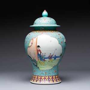 Two Chinese famille rose yellow-ground vases and a turquoise-ground vase, Qianlong and Jing De Zhen 景德鎮 marks, 20th C. — photo 8